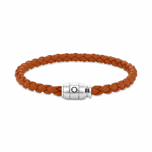 A rust leather braided bracelet with a polished stainless steel clasp adorned with a small black and white Montblanc emblem from the Montblanc Meisterstück Collection.