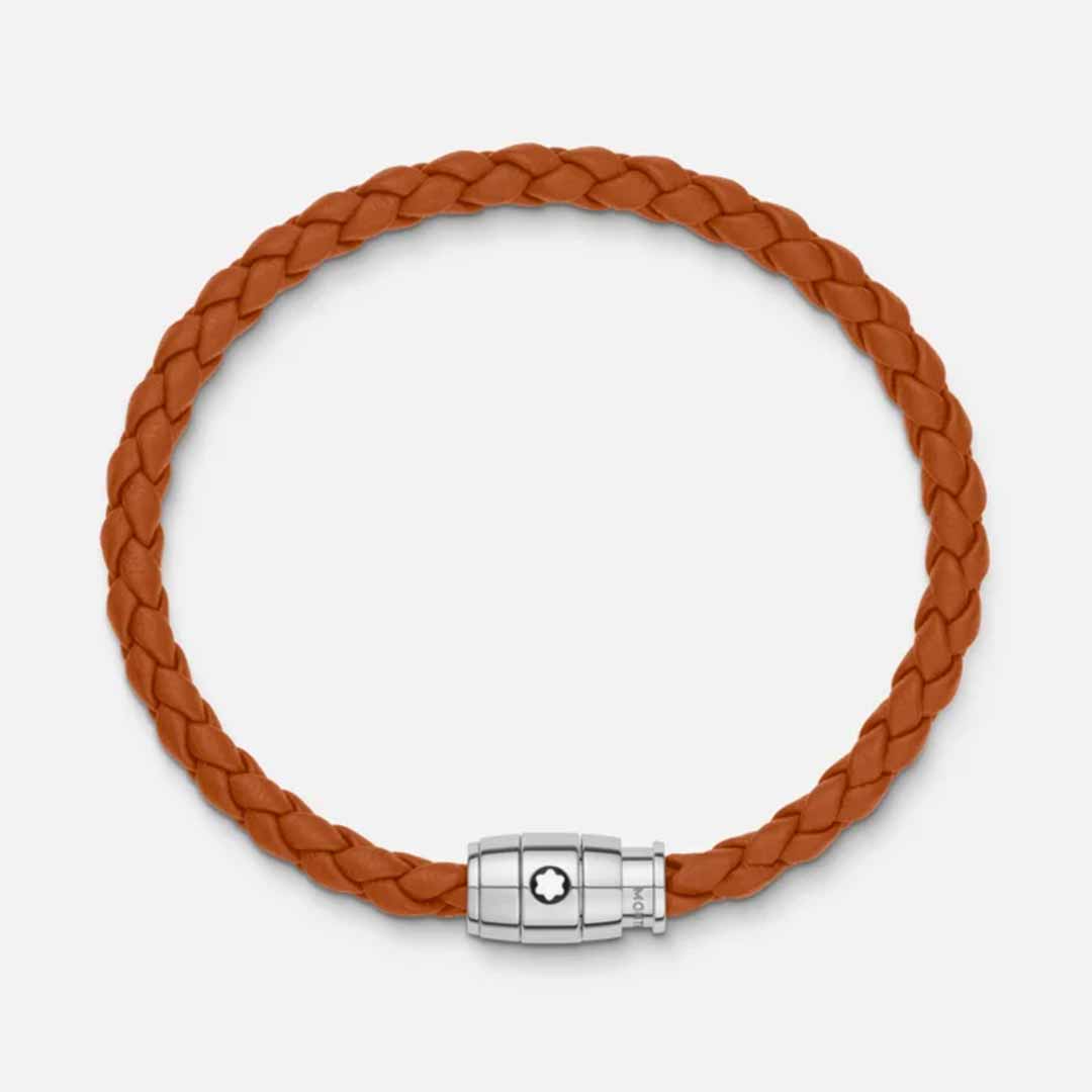 A rust leather bracelet from the Montblanc Meisterstuck Collection, featuring a polished stainless steel 3-ring clasp and adorned with a small Montblanc emblem star, set against a plain white background.