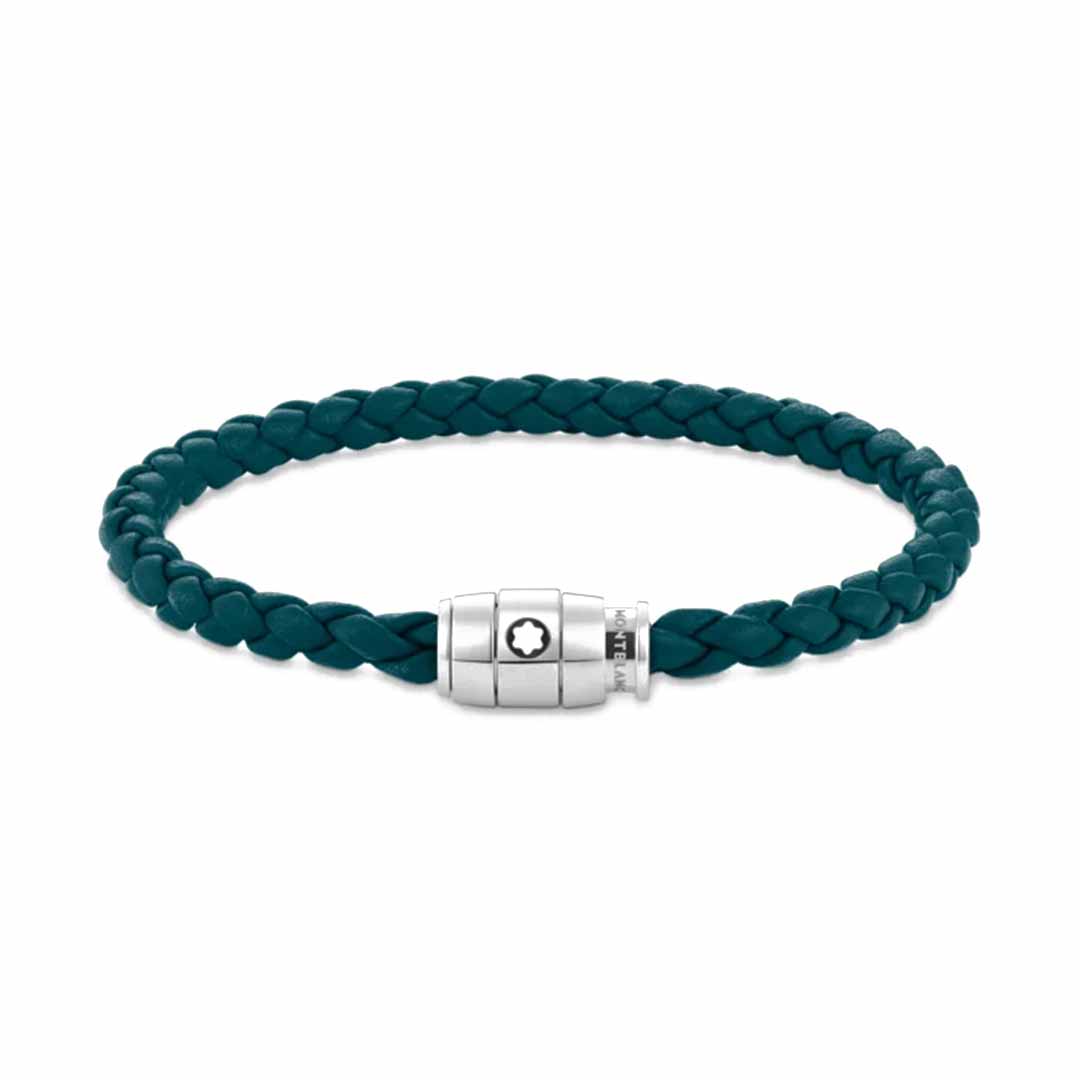 A Cyprus blue leather bracelet from the Montblanc Meisterstuck Collection featuring polished stainless steel accents and a silver magnetic clasp.