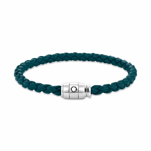 A Cyprus blue leather bracelet from the Montblanc Meisterstuck Collection featuring polished stainless steel accents and a silver magnetic clasp.