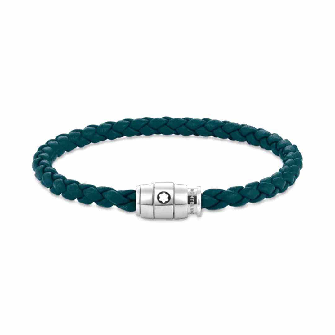 A sophisticated bracelet from the Montblanc Meisterstuck Collection featuring a Cyprus blue leather band with three polished stainless steel rings, displayed on a plain white background.