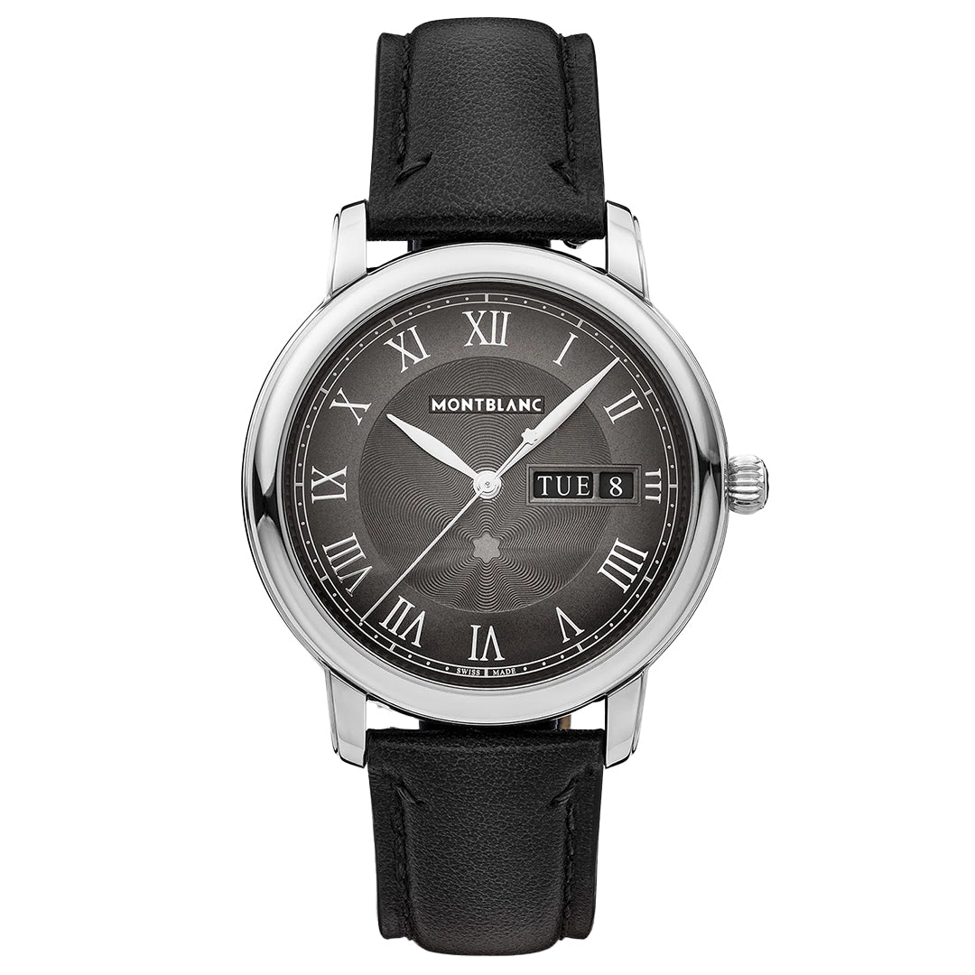 The Montblanc Star Legacy Automatic Date 39mm Watch features a black leather strap, anthracite dial with silver Roman numerals and hands, automatic movement, and day-date display on the right side.
