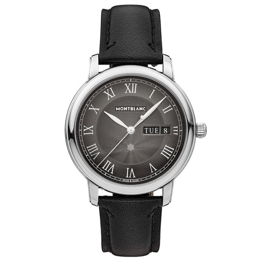 The Montblanc Star Legacy Automatic Date 39mm Watch features a black leather strap, anthracite dial with silver Roman numerals and hands, automatic movement, and day-date display on the right side.