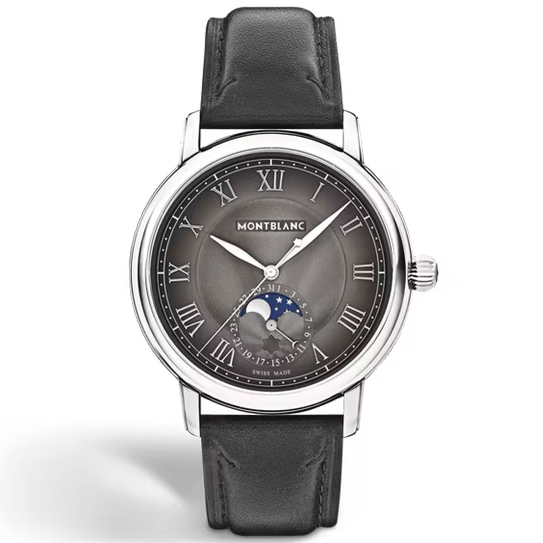 The Montblanc Star Legacy Moonphase Automatic 42mm Watch features an anthracite dial with Roman numerals, a moon phase subdial above 6 o’clock, a stainless steel case, and a black leather strap.