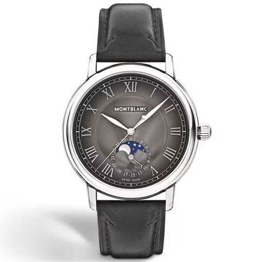The Montblanc Star Legacy Moonphase Automatic 42mm Watch features an anthracite dial with Roman numerals, a moon phase subdial above 6 o’clock, a stainless steel case, and a black leather strap.