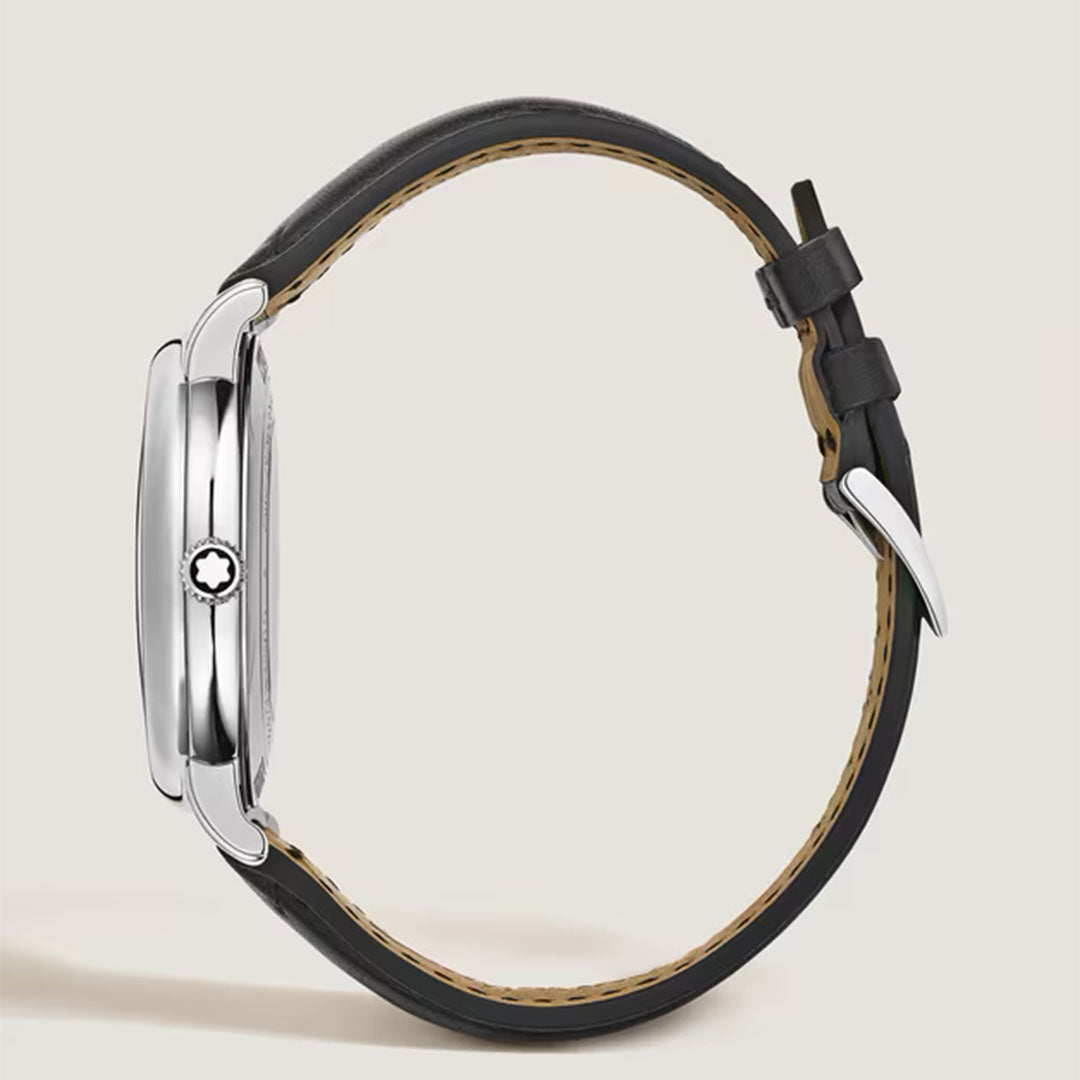 Side view of the Montblanc Star Legacy Moonphase Automatic 42mm Watch with a black leather strap, silver case, star-emblem crown, and anthracite dial by Montblanc, shown against a light background.