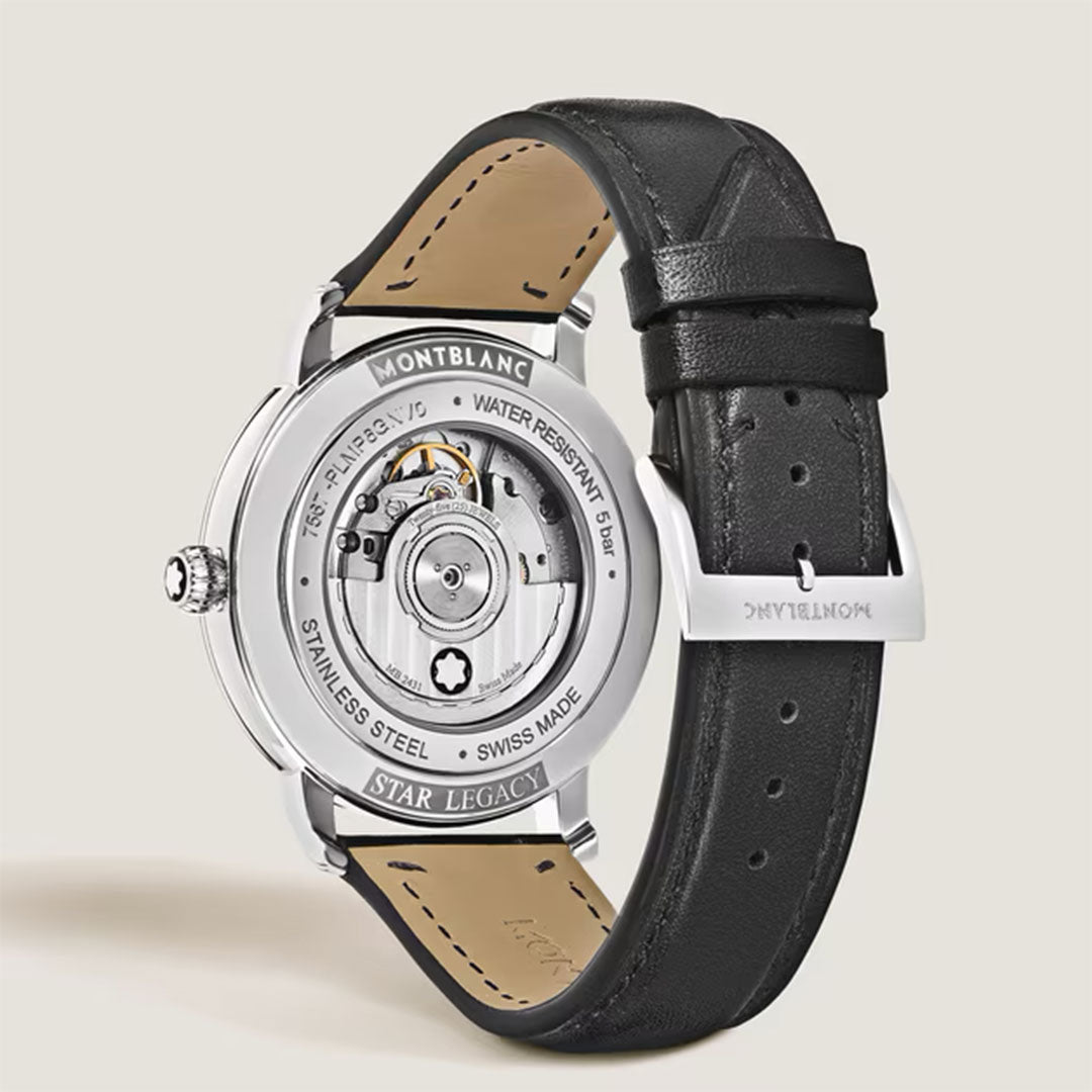 The image shows the back of a Montblanc Star Legacy Moonphase Automatic 42mm Watch with a transparent case, stainless steel casing, and black leather strap, revealing its intricate mechanics.