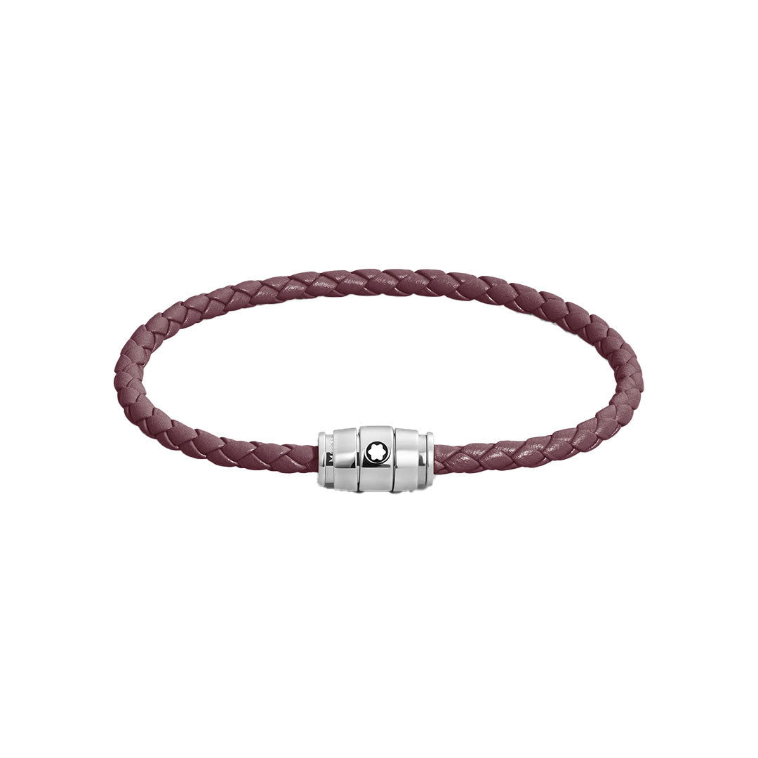 The Montblanc Meisterstuck 3 Rings Cassis Leather Bracelet features braided burgundy calf-skin leather and a silver clasp with a black Montblanc emblem, shown on a white background.