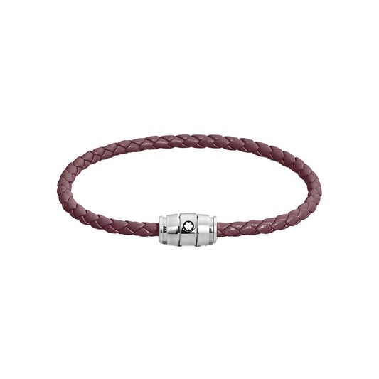 The Montblanc Meisterstuck 3 Rings Cassis Leather Bracelet features braided burgundy calf-skin leather and a silver clasp with a black Montblanc emblem, shown on a white background.