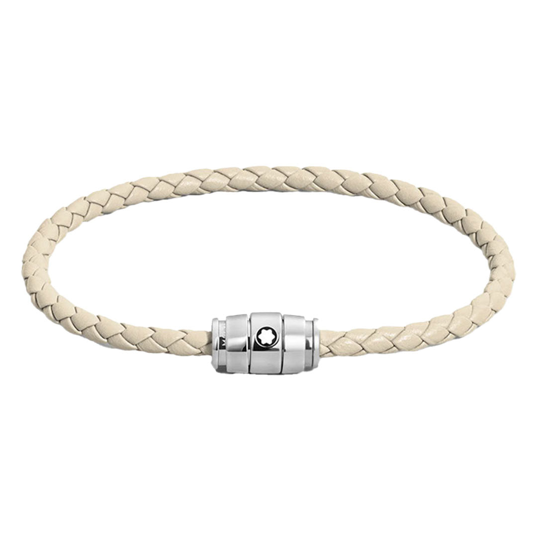 The Montblanc Meisterstuck 3 Rings Cloudy Beige Leather Bracelet features a braided strap and a silver cylindrical clasp adorned with Montblanc’s black and white emblem at the center.