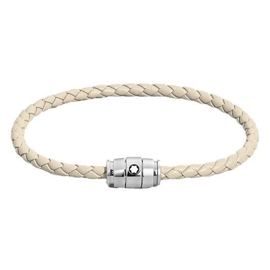 The Montblanc Meisterstuck 3 Rings Cloudy Beige Leather Bracelet features a braided strap and a silver cylindrical clasp adorned with Montblanc’s black and white emblem at the center.