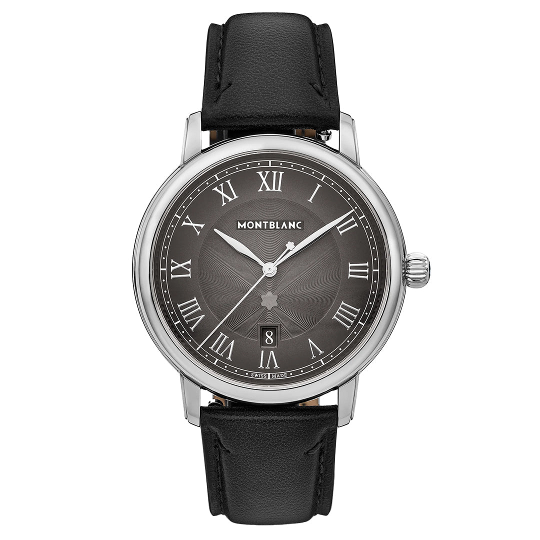 The Montblanc Star Legacy Automatic Date 42mm Watch features a black leather strap, silver case, anthracite dial with white Roman numerals, an automatic date window at 6 o’clock, and the Montblanc logo at the top.