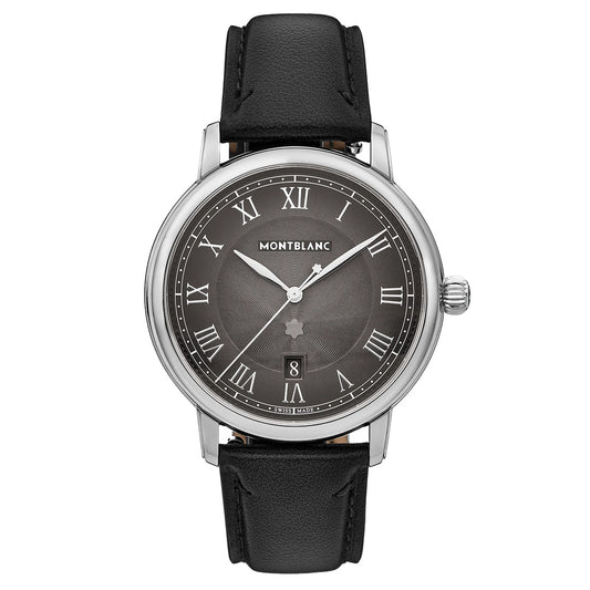 The Montblanc Star Legacy Automatic Date 42mm Watch features a black leather strap, silver case, anthracite dial with white Roman numerals, an automatic date window at 6 o’clock, and the Montblanc logo at the top.
