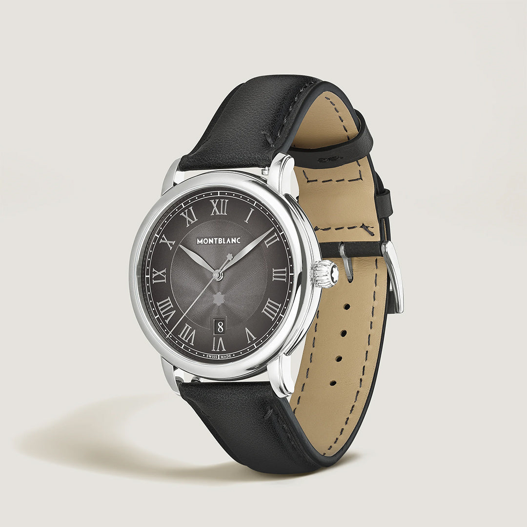 The Montblanc Star Legacy Automatic Date 42mm Watch features a black leather strap, silver case, anthracite dial with Roman numerals, automatic movement, and a date display above 6 o’clock.