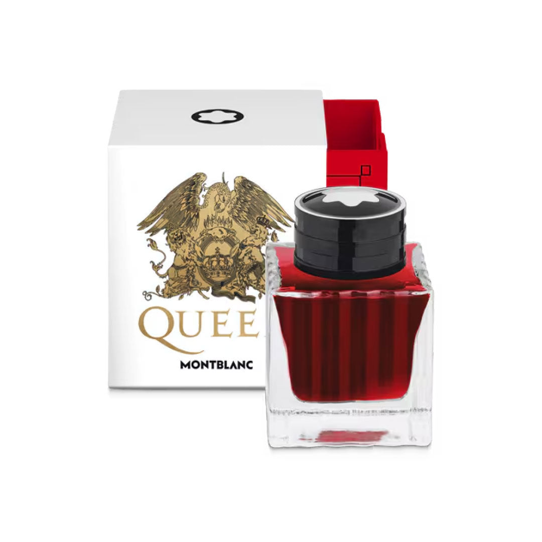 A Montblanc Red Ink Bottle 50ml, Great Characters Homage to Queen, sits before a white box featuring a gold eagle crest, red accent, and the Montblanc logo. This special edition set honors Queen with signature elegance.