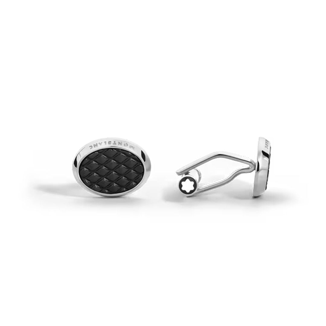 A pair of Montblanc Meisterstück Black Lacquer Cufflinks, featuring oval silver shapes with black woven-pattern centers. Displayed on white, one cufflink shows the front detail, the other reveals the back and stainless steel clasp.