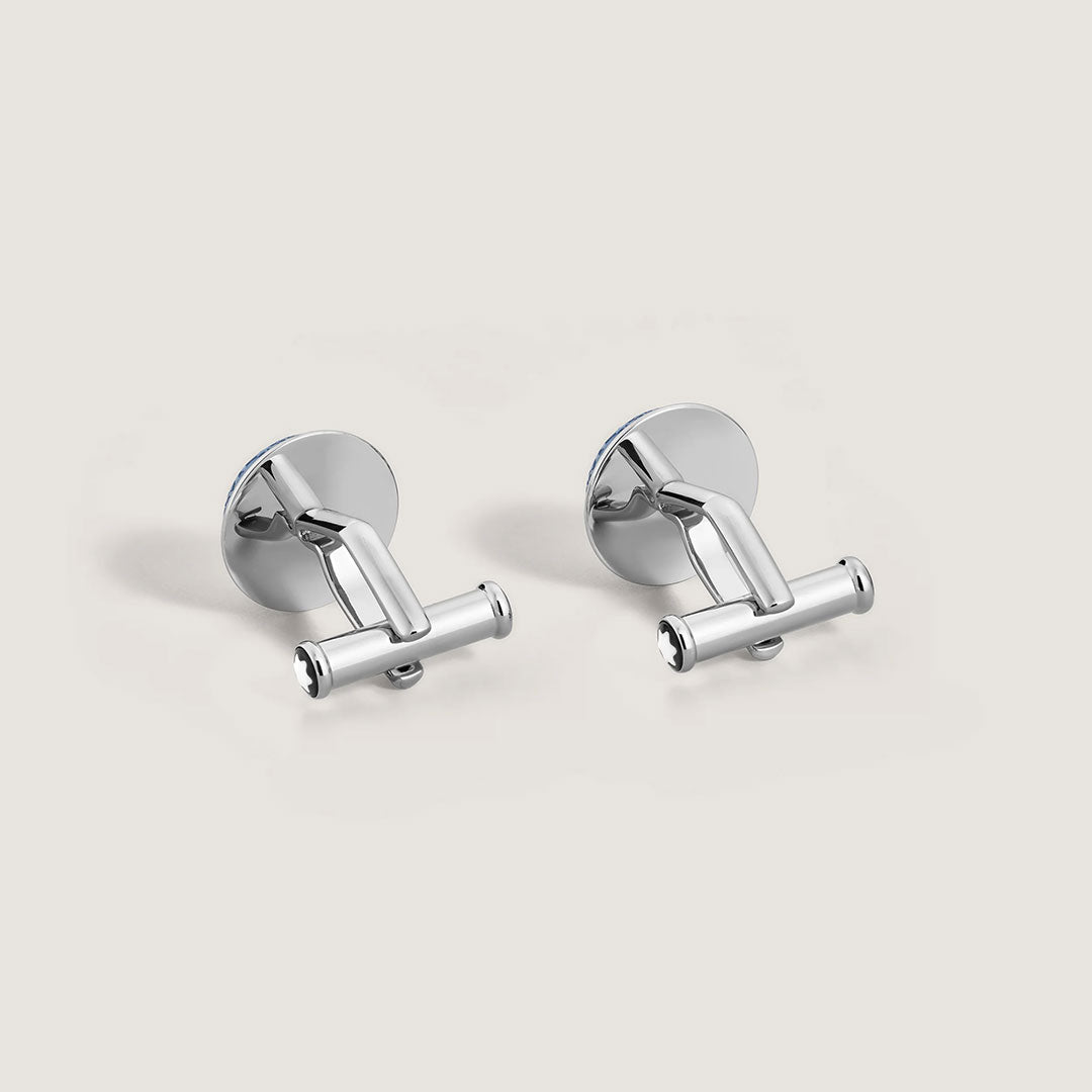 The Montblanc Writers Edition Homage to Johann Wolfgang von Goethe Cufflinks feature a sleek T-bar design in shiny silver, displayed on a plain light background.