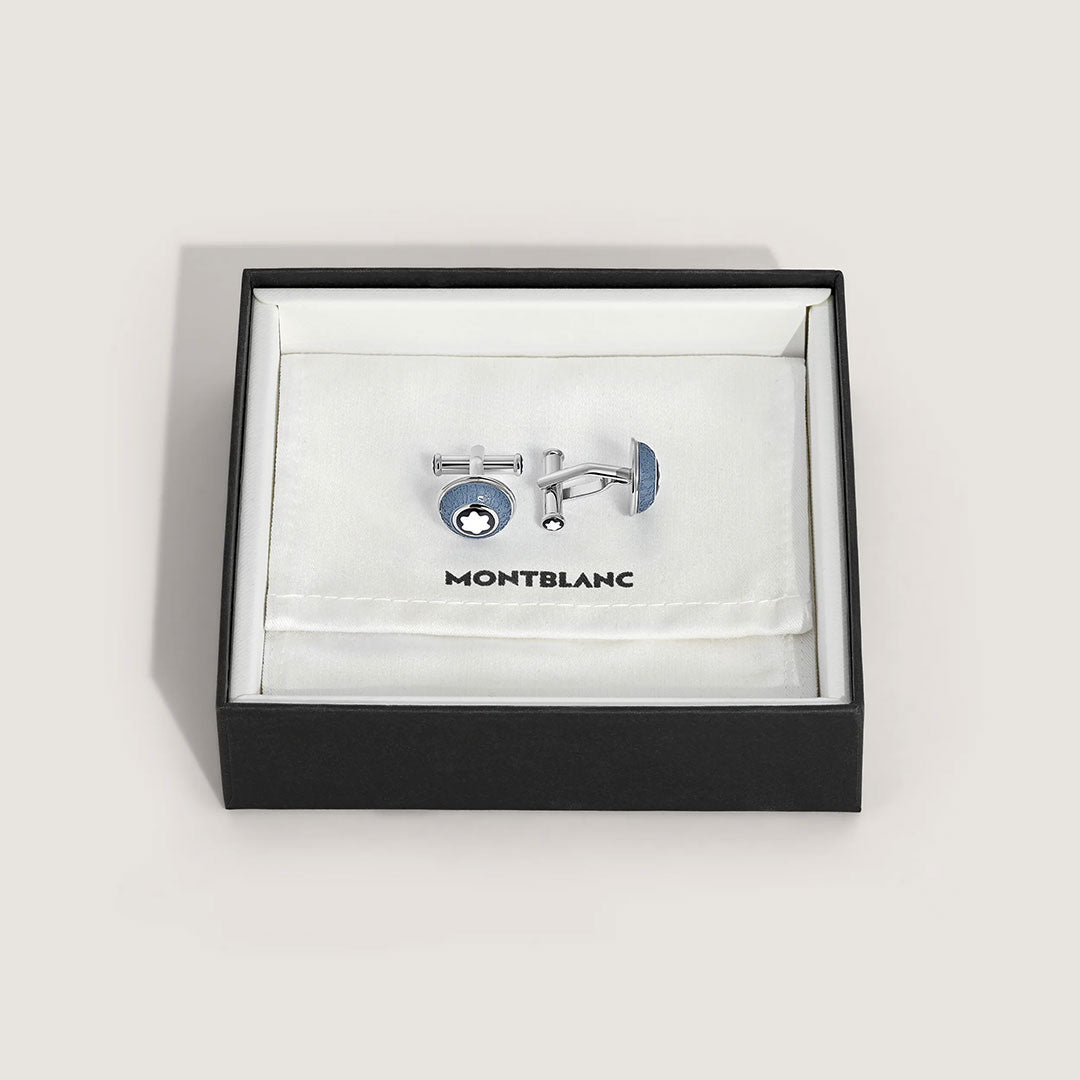 Montblanc Writers Edition Homage to Johann Wolfgang von Goethe cufflinks are displayed in an open black box lined with white fabric, featuring the Montblanc logo.
