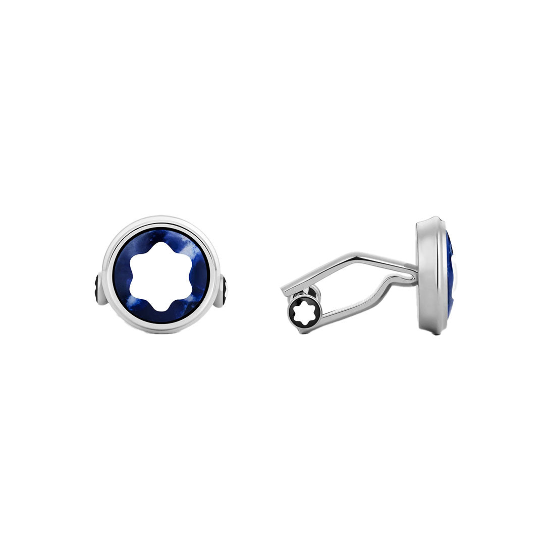 The Montblanc Master Of Arts Homage To Pierre-Auguste Renoir cufflinks feature round silver with blue enamel centers and a white star design; one shows the front, the other displays the side and closure.