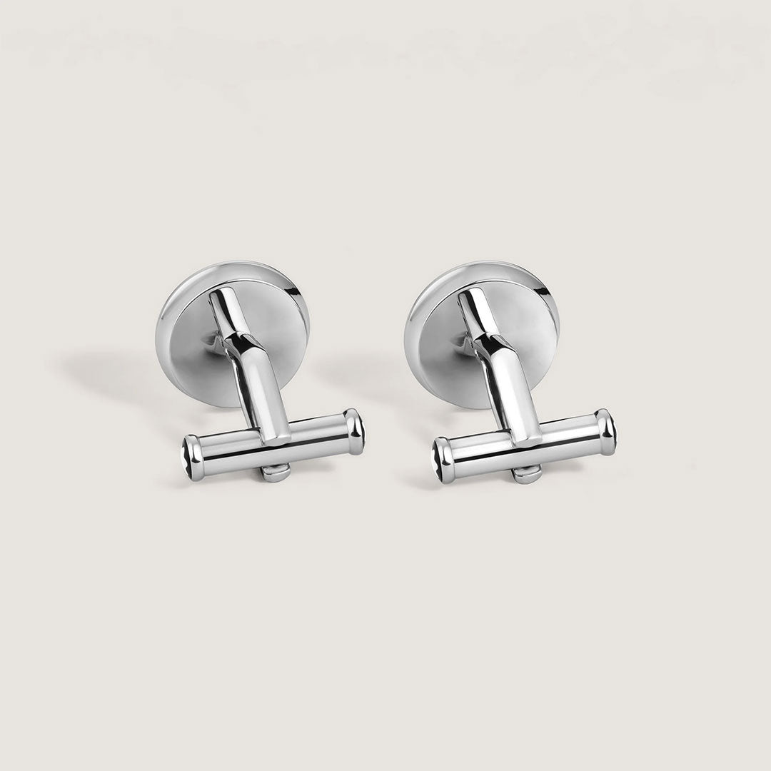 The Montblanc Master Of Arts Homage To Pierre-Auguste Renoir Cufflinks feature a shiny silver T-bar design, reflecting artistic elegance, and are displayed on a plain light background.