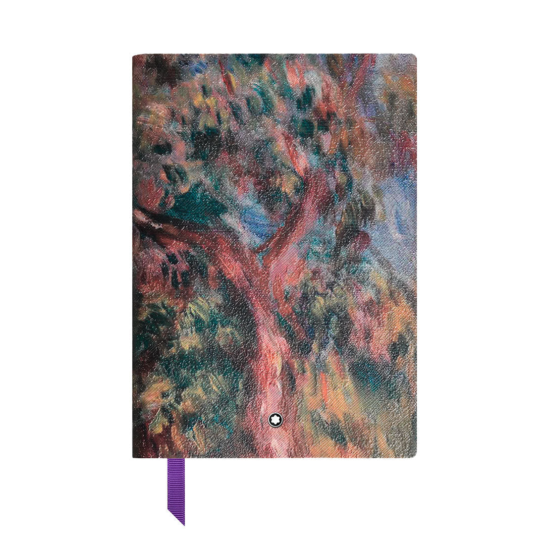 The Montblanc Masters of Art to Pierre-Auguste Renoir Multicolour Medium Notebook features an abstract tree branch cover, purple ribbon bookmark, measures 150 x 210 mm, and is made in Italy.