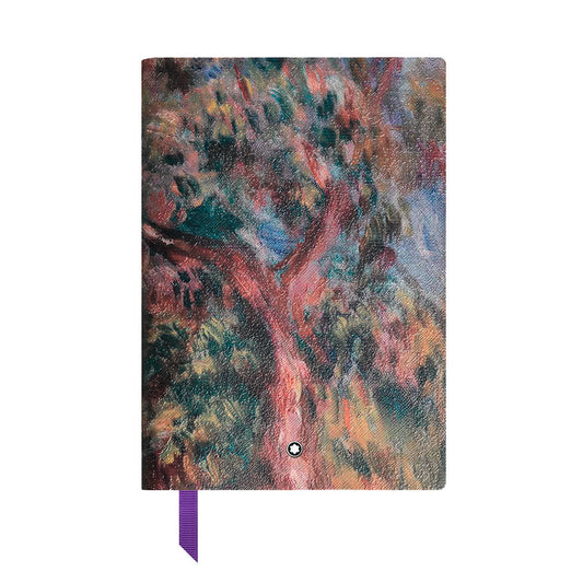 The Montblanc Masters of Art to Pierre-Auguste Renoir Multicolour Medium Notebook features an abstract tree branch cover, purple ribbon bookmark, measures 150 x 210 mm, and is made in Italy.