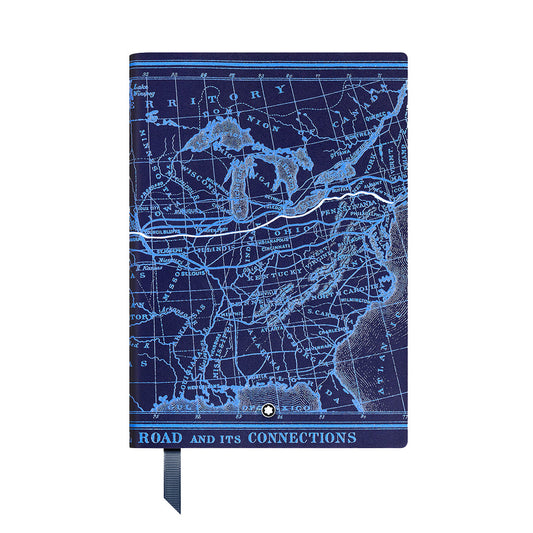 The Montblanc Meisterstück Around the World in 80 Days medium lined notebook features a blue cover embossed with U.S. road maps. Its compact design offers rich geographic details and includes a ribbon bookmark for easy navigation.