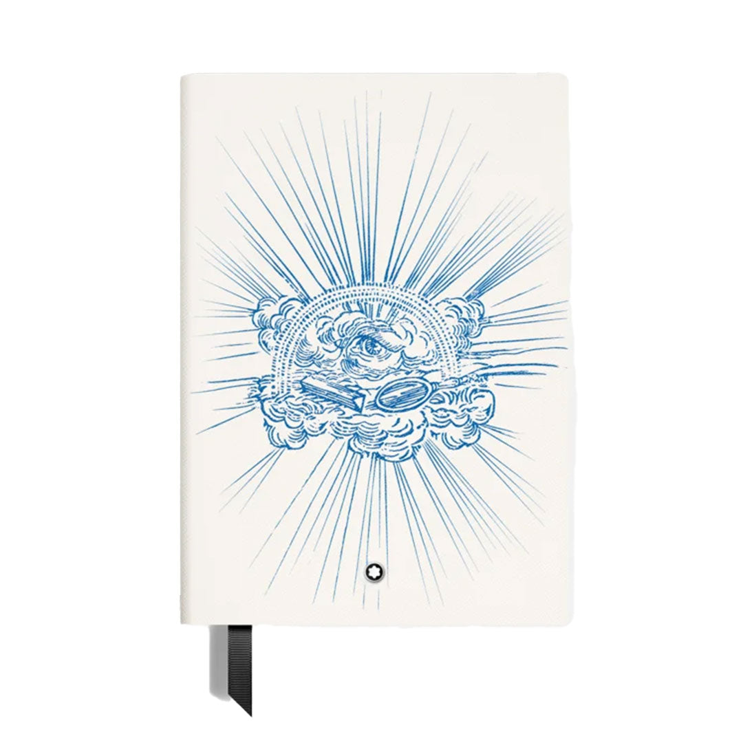 The Montblanc Writers Edition Homage to Johann Wolfgang von Goethe Notebook features white lined pages, an intricate blue eye-in-cloud design with radiant rays, a black ribbon bookmark, and weighs 460g.