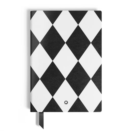 The Montblanc Great Characters Homage to Queen Medium Notebook features a handcrafted black and white diamond-pattern leather cover, a black ribbon bookmark, and a circular emblem—expertly crafted in Italy.