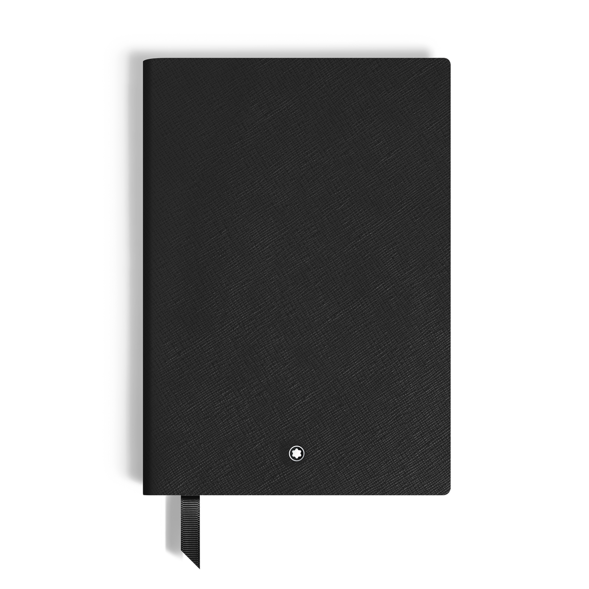 Black Montblanc Notebook Medium Saffiano Leather Black - Lined Pages with a textured cover, a small circular logo at the bottom center, and a ribbon bookmark.
