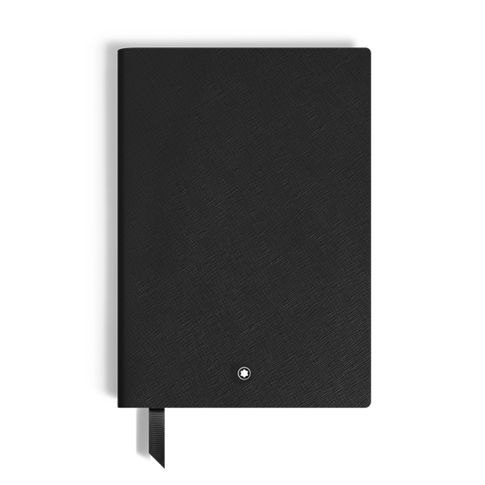 Black Montblanc Notebook Medium Saffiano Leather Black - Lined Pages with a textured cover, a small circular logo at the bottom center, and a ribbon bookmark.