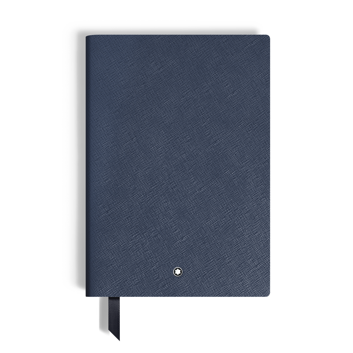 Blue Montblanc Notebook Medium Saffiano Leather Blue with a textured cover, a small circular logo at the bottom, and a ribbon bookmark.