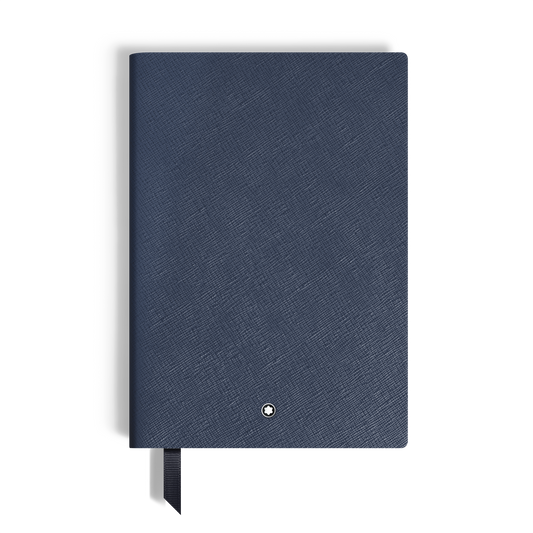 Blue Montblanc Notebook Medium Saffiano Leather Blue with a textured cover, a small circular logo at the bottom, and a ribbon bookmark.