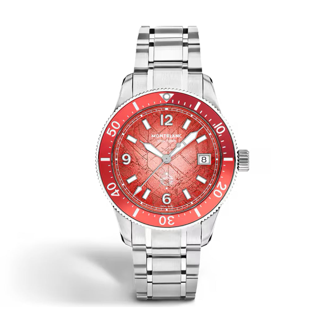 The Montblanc Iced Sea Automatic Date 0 Oxygen 38mm Limited Edition watch features a bright red glacier pattern dial, white hour markers, date window at 3 o’clock, stainless steel band, and a red rotating bezel with white numbers.