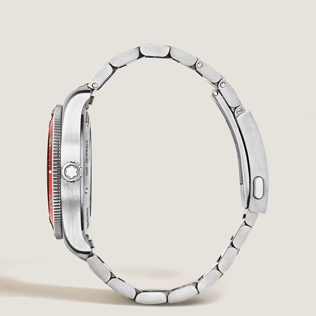 Side view of the Montblanc Iced Sea Automatic Date 0 Oxygen 38mm Watch (Limited Edition of 300), featuring a round case, visible crown, stainless steel bracelet, and slightly raised bezel, displayed on a light beige background.