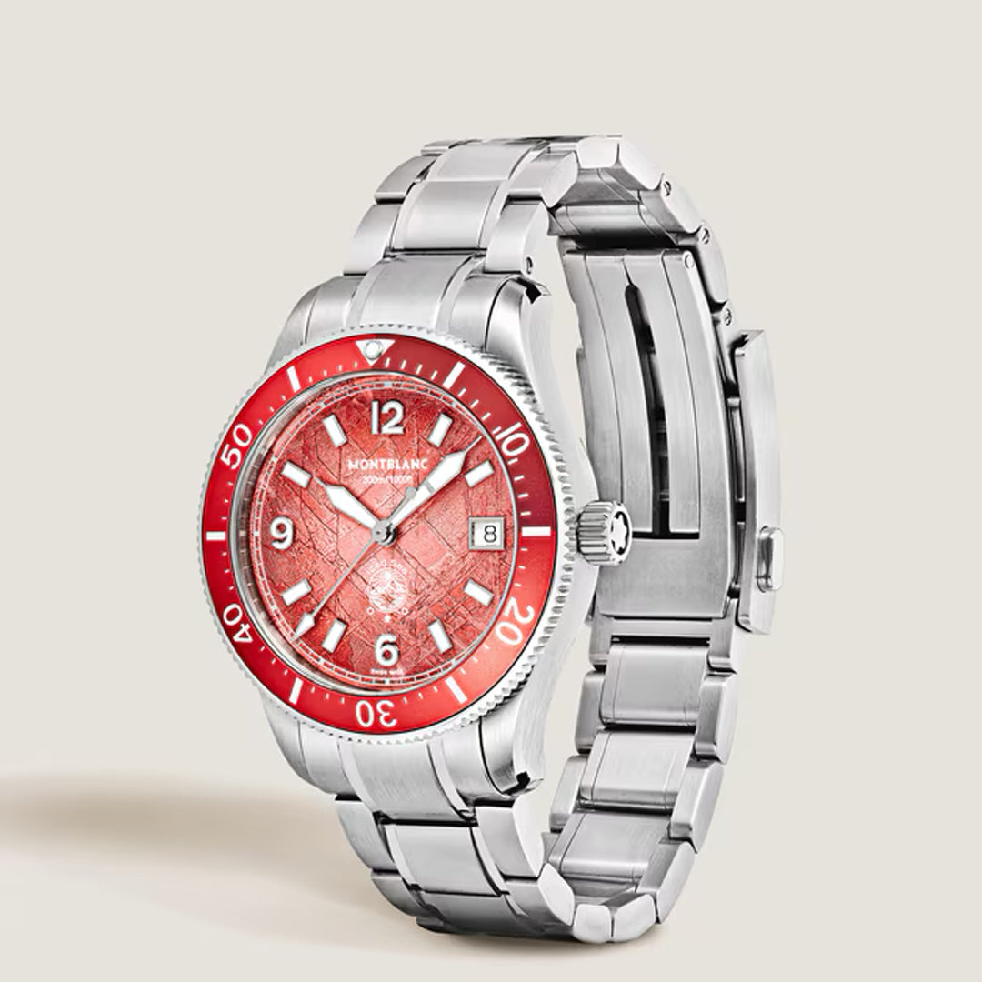 The Montblanc Iced Sea Automatic Date 0 Oxygen 38mm Watch, a limited edition of 300, features a silver stainless steel case, striking red glacier pattern dial with white markers, red bezel, and visible Montblanc branding against a plain background.