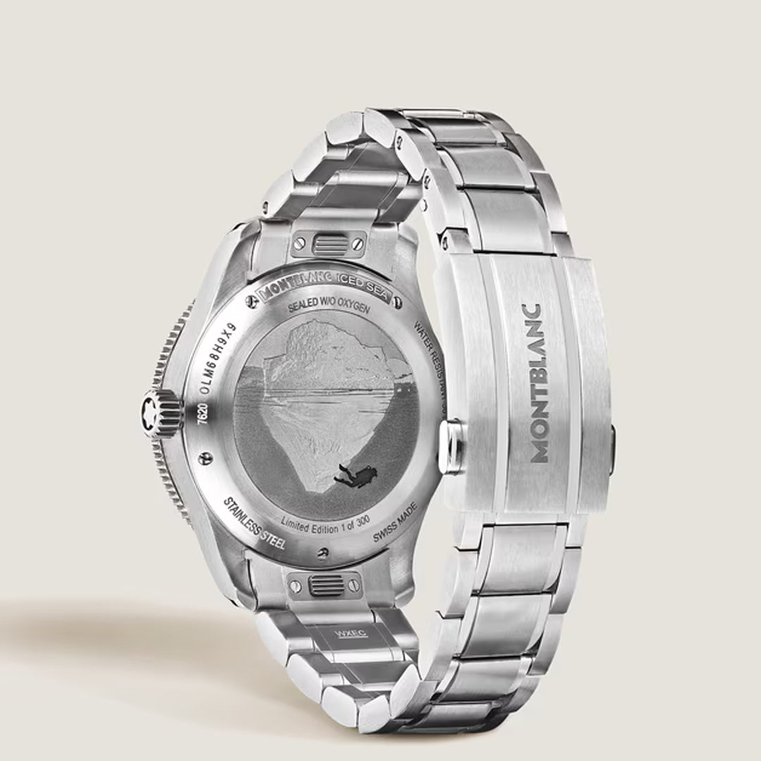 The Montblanc Iced Sea Automatic Date 0 Oxygen 38mm Watch Limited Edition of 300 is shown from the back, featuring an engraved mountain scene and clasp logo, with markings highlighting its exclusive dive watch status.