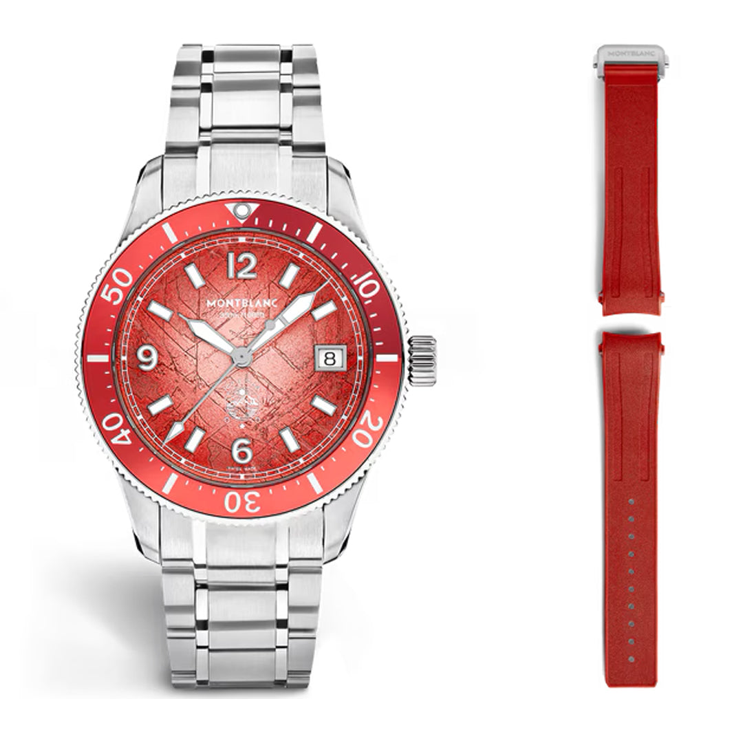 The Montblanc Iced Sea Automatic Date 0 Oxygen 38mm Watch Limited Edition of 300, with a red glacier dial and bezel, is shown beside a matching red leather strap.
