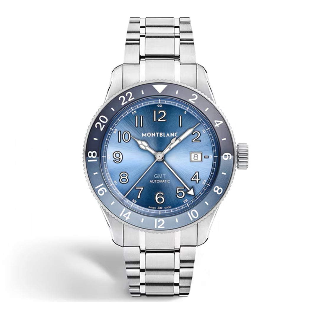 The Montblanc 1858 GMT 0 Oxygen Automatic 42mm Watch features a blue gradient dial, silver hour markers, world time, date at 3 o’clock, a silver metal bracelet, and a 24-hour bezel for GMT functionality.