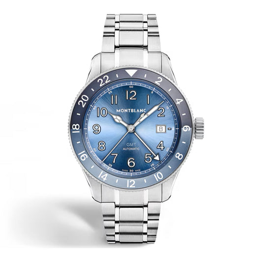 The Montblanc 1858 GMT 0 Oxygen Automatic 42mm Watch features a blue gradient dial, silver hour markers, world time, date at 3 o’clock, a silver metal bracelet, and a 24-hour bezel for GMT functionality.