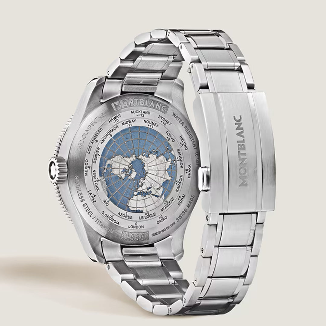 The Montblanc 1858 GMT 0 Oxygen Automatic 42mm Watch features a stainless steel band, engraved caseback with globe and world time, and Montblanc logo on the clasp.