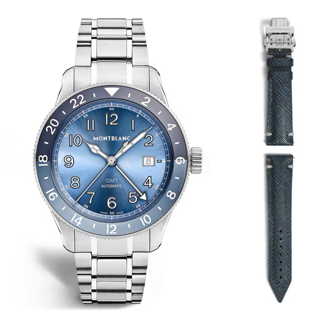 The Montblanc 1858 GMT 0 Oxygen Automatic 42mm Watch, featuring a blue dial, silver case, and metal bracelet, is displayed with two textured blue leather straps and a metal clasp. It includes world time, GMT hand, and date functions.