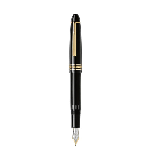 The Montblanc Meisterstück Gold-Coated Le Grand Fountain Pen, with its cap elegantly in place, features a lustrous gold nib. Its black and gold aesthetic is beautifully highlighted by a gold clip and bands near the cap, all set against a pristine white background.
