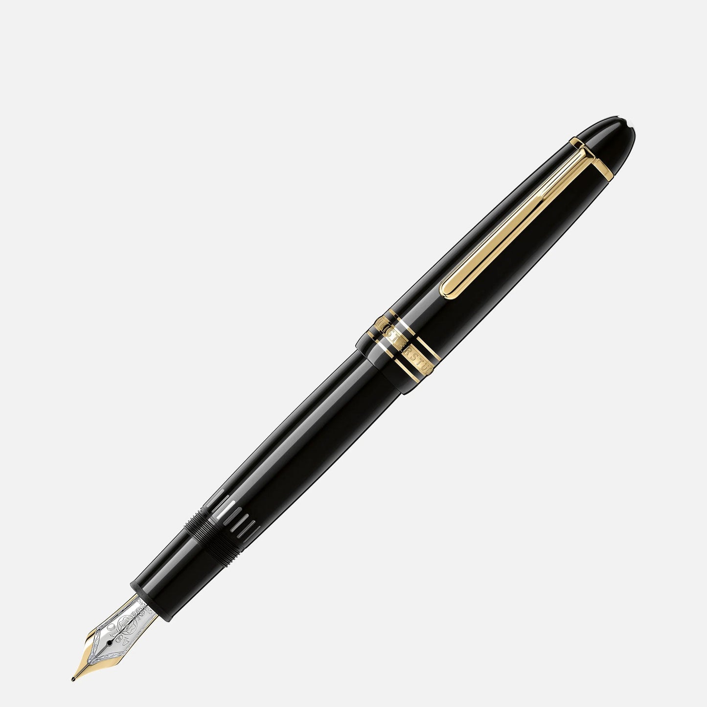 A stylish Montblanc Meisterstuck Gold-Coated Le Grand Fountain Pen with black body, gold accents, and a silver nib, set against a white background.