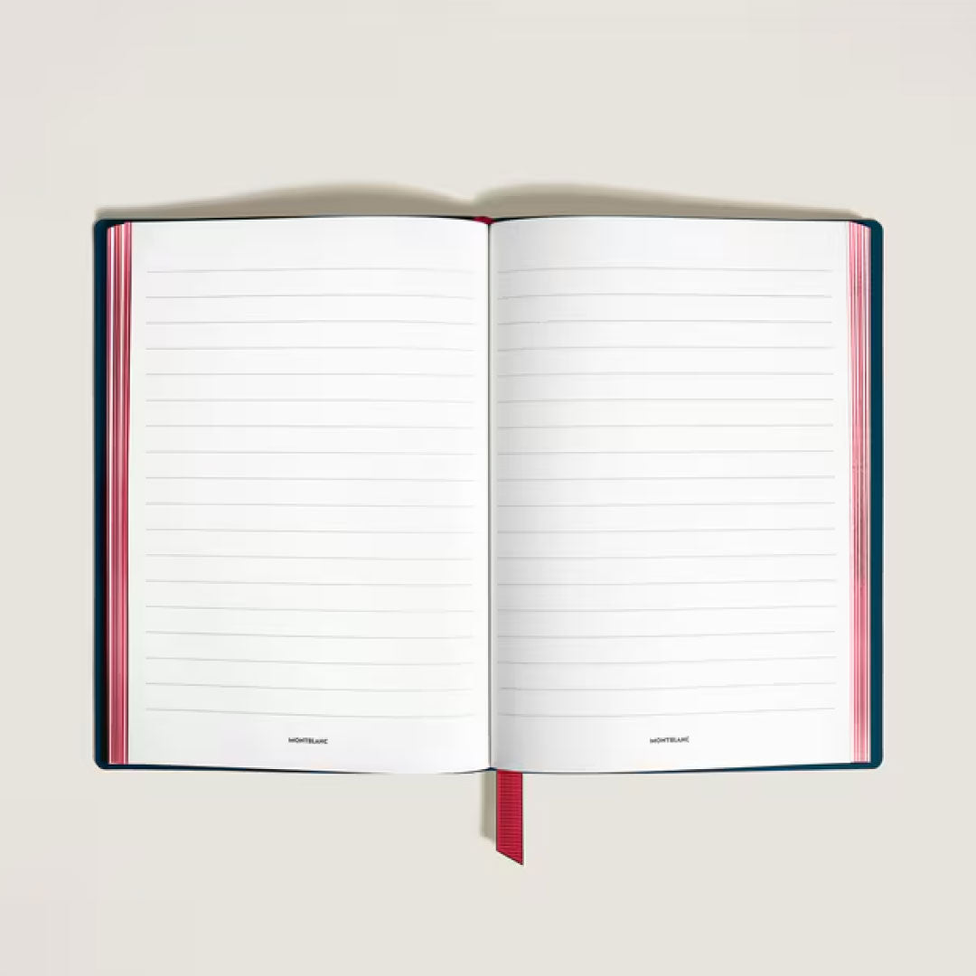 The Montblanc Meisterstuck Romeo & Juliet Medium Notebook features lined pages, a red ribbon bookmark, and subtly pink-tinted edges, reflecting Montblanc's Italian handcrafted leather elegance.