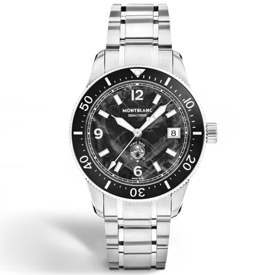 The Montblanc Iced Sea Automatic Date 0 Oxygen 38mm Watch features a stainless steel band, black bezel, striking black glacier dial with white numerals, date display at 3 o'clock, and subdial above 6 o'clock.