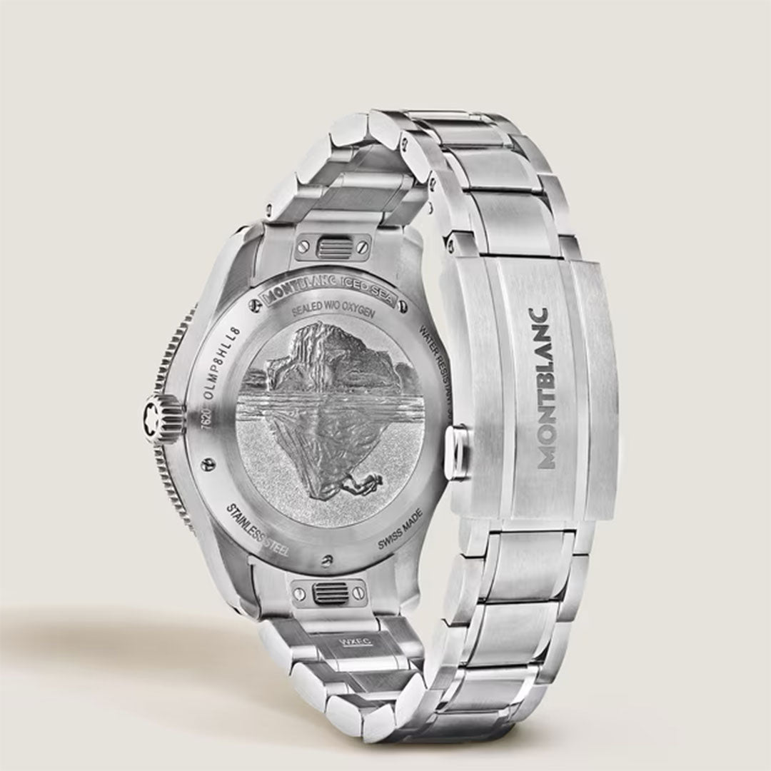 The Montblanc Iced Sea Automatic Date 0 Oxygen 38mm Watch displays its engraved case back with an iceberg motif, "Montblanc Iced Sea" inscription, and features a striking black glacier dial on this automatic diving watch.