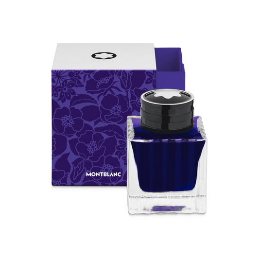 The Montblanc Ink Bottle 50ml Purple Writers Edition Homage to Bram Stoker features deep purple ink and comes in a collectible floral box—ideal for gifts or sophisticated writing.