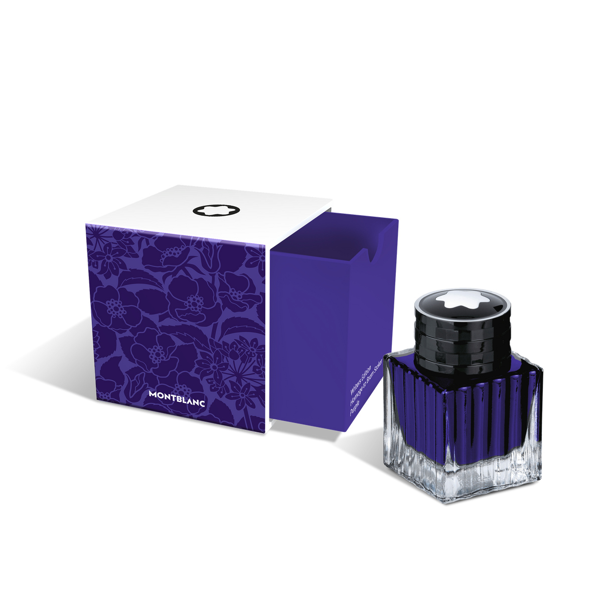 The Montblanc Ink Bottle 50ml Purple Writers Edition Homage to Bram Stoker with a black cap is shown next to its matching purple floral-patterned box—an ideal collectible gift.