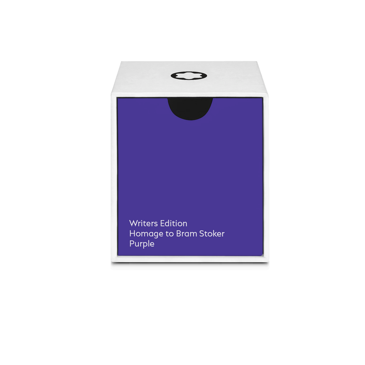 A square white box with a purple front, labeled Montblanc Ink Bottle 50ml Purple Writers Edition Homage to Bram Stoker—ideal for Montblanc collectors and unique gift seekers.